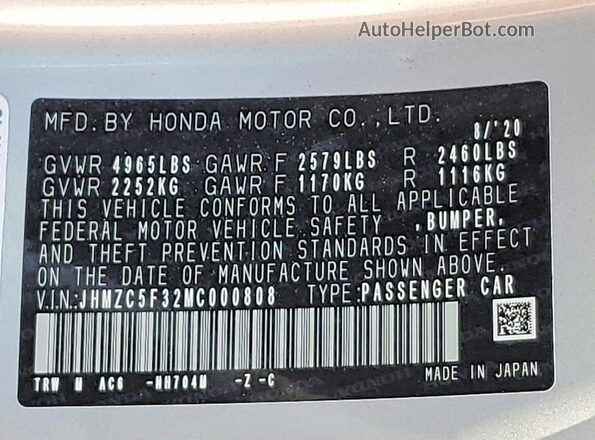 JHMZC5F32MC000808 2021 HONDA CLARITY Silver Вид наклейки з VIN-кодом
