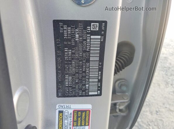 JHMZC5F35JC002192 2018 HONDA CLARITY Silver Вид наклейки з VIN-кодом