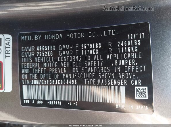JHMZC5F36JC004498 2018 HONDA CLARITY Gray ძრავის განყოფილების ხედი