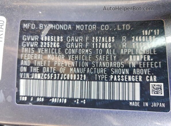 JHMZC5F37JC000329 2018 HONDA CLARITY Gray Вид наклейки з VIN-кодом