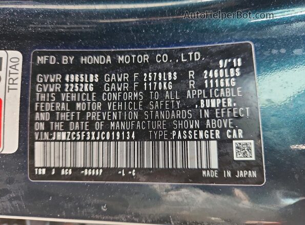 JHMZC5F3XJC019134 2018 HONDA CLARITY Green VIN կոդի պիտակի տեսք