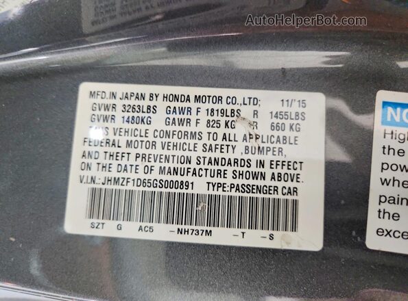 JHMZF1D65GS000891 2016 HONDA CR-Z Charcoal VIN კოდის სტიკერის ხედი
