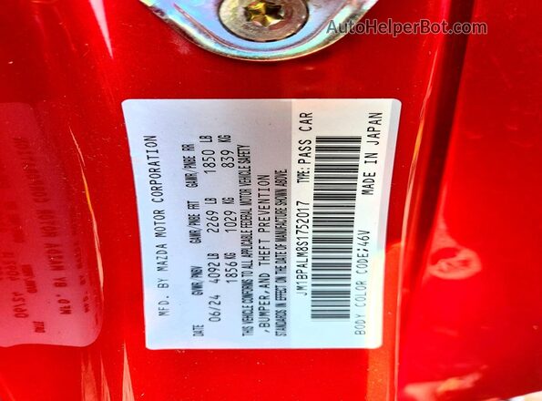 JM1BPALM8S1752017 2025 MAZDA 3 Red Engine compartment view