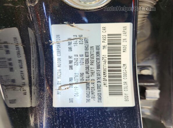JM1BPAMMXK1146751 2019 MAZDA 3 Blue VIN sticker view