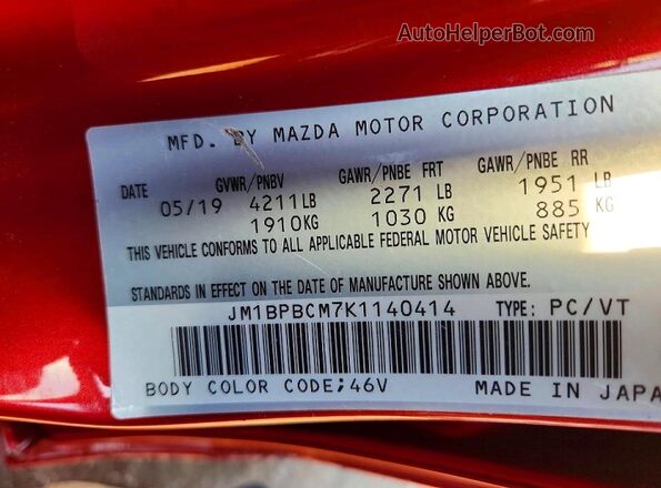 JM1BPBCM7K1140414 2019 MAZDA 3 Red VIN sticker view