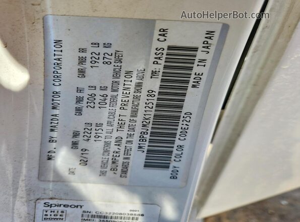 JM1BPBJM2K1125189 2019 MAZDA 3 White Vista de la etiqueta del VIN