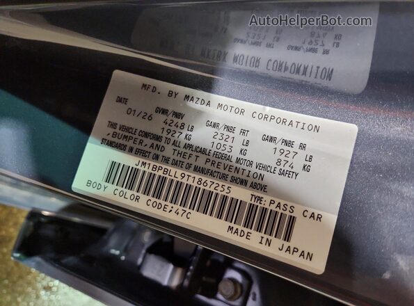 JM1BPBLL9T1867255 2026 MAZDA 3 Blue VIN կոդի պիտակի տեսք