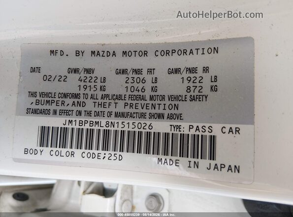 JM1BPBML8N1515026 2022 MAZDA 3 White ძრავის განყოფილების ხედი