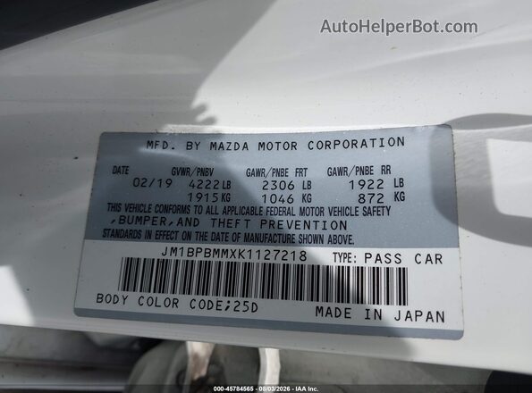 JM1BPBMMXK1127218 2019 MAZDA 3 White Вид підкапотного простору