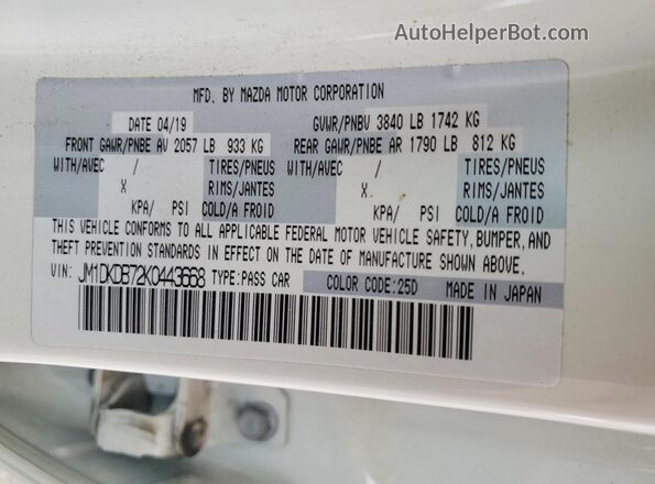 JM1DKDB72K0443668 2019 MAZDA CX-3 White Widok komory silnika