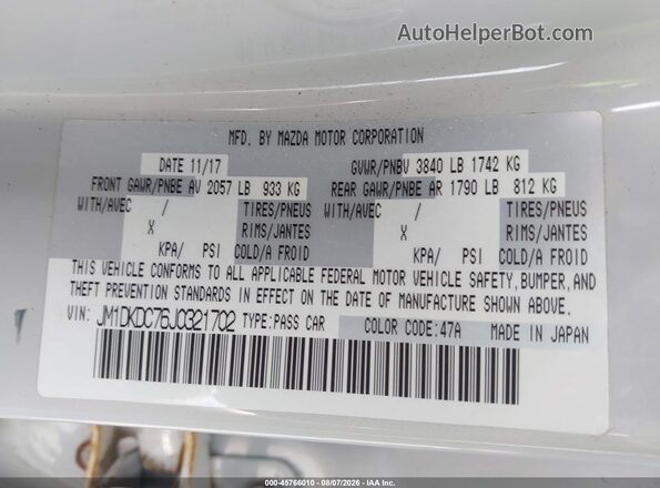 JM1DKDC76J0321702 2018 MAZDA CX-3 White Engine compartment view