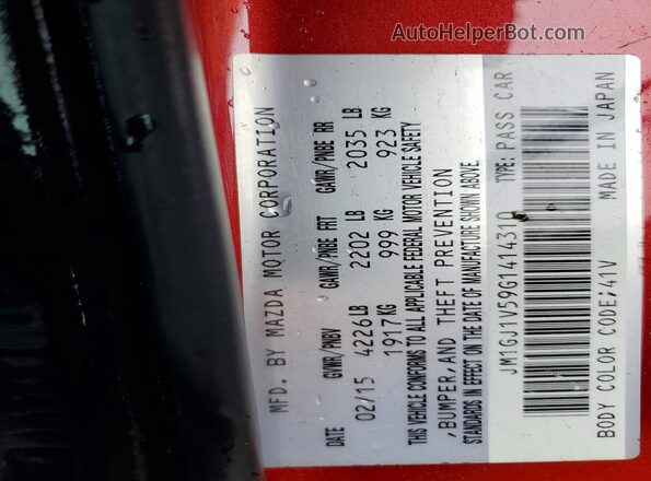 JM1GJ1V59G1414310 2016 MAZDA 6 Red Widok naklejki z numerem VIN