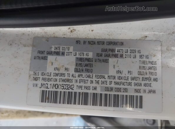 JM1GL1VM0K1503242 2019 MAZDA 6 White Engine compartment view