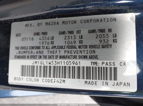 JM1GL1W53H1105961 2017 MAZDA 6 Blue ძრავის განყოფილების ხედი