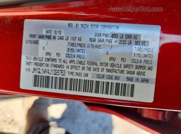 JM1GL1WY4J1328753 2018 MAZDA 6 Red VIN კოდის სტიკერის ხედი