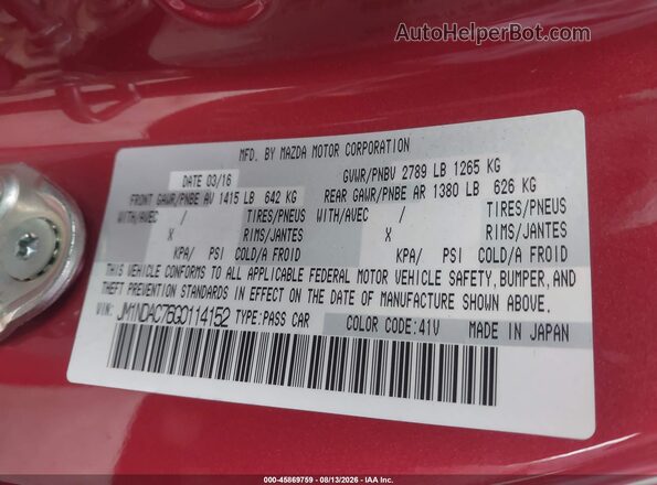 JM1NDAC76G0114152 2016 MAZDA MX-5 MIATA Red ძრავის განყოფილების ხედი