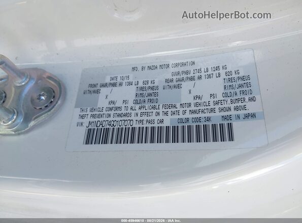 JM1NDAD74G0107070 2016 MAZDA MX-5 MIATA White Vista del compartimento del motor