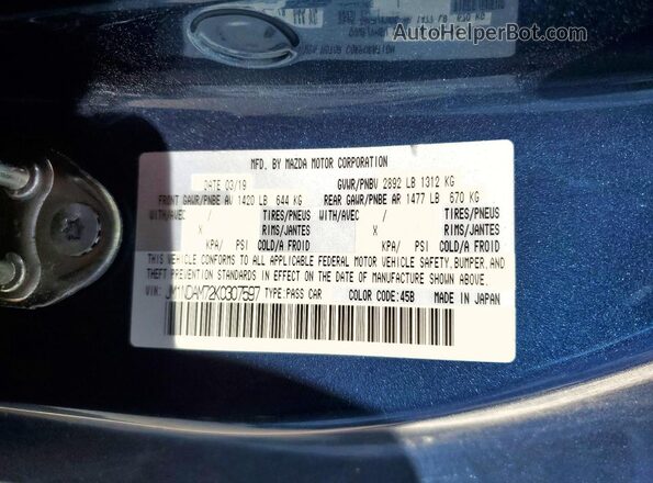 JM1NDAM72K0307597 2019 MAZDA MX-5 Blue VIN კოდის სტიკერის ხედი