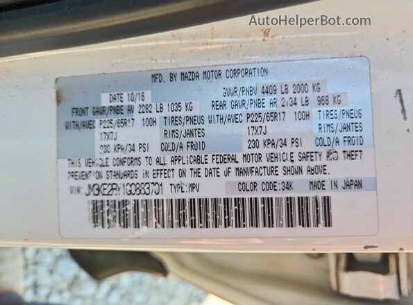 JM3KE2BY1G0883701 2016 MAZDA CX-5 White Vista de la etiqueta del VIN