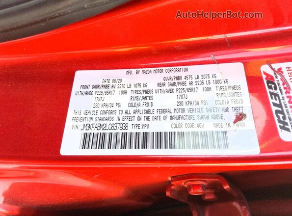 JM3KFABM2L0837938 2020 MAZDA CX-5 Red Вид наклейки з VIN-кодом