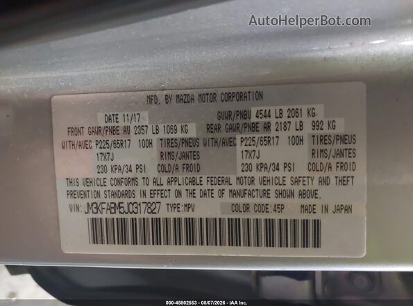 JM3KFABM5J0317827 2018 MAZDA CX-5 Silver Vista del compartimento del motor