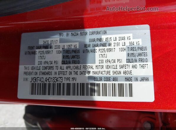 JM3KFACL4H0183473 2017 MAZDA CX-5 Red Vista del compartimento del motor