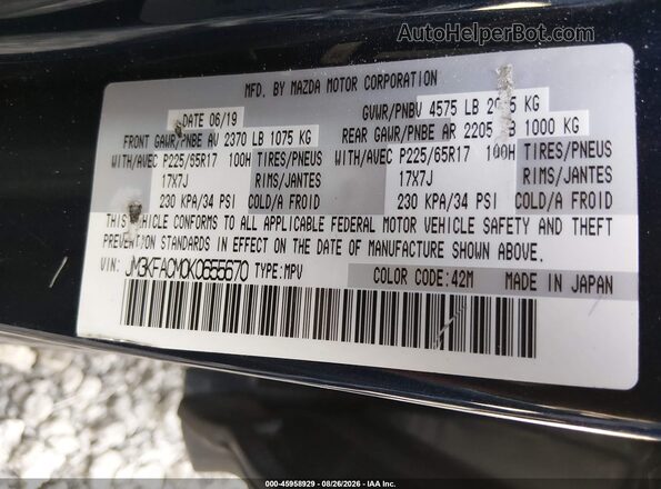 JM3KFACM0K0655670 2019 MAZDA CX-5 Dark Blue Vista del compartimento del motor