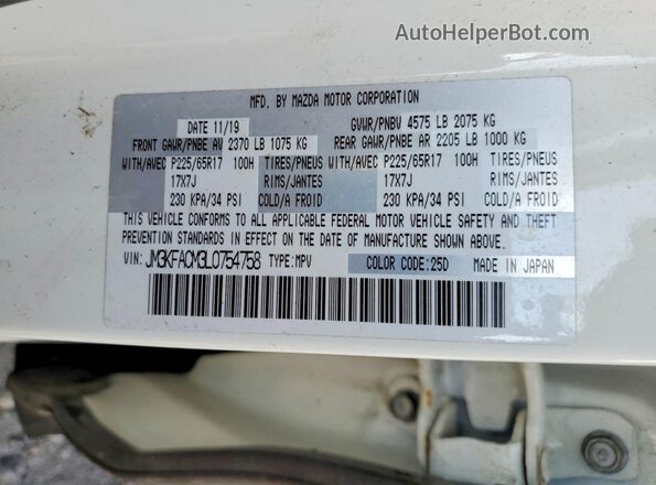 JM3KFACM3L0754758 2020 MAZDA CX-5 White VIN sticker view