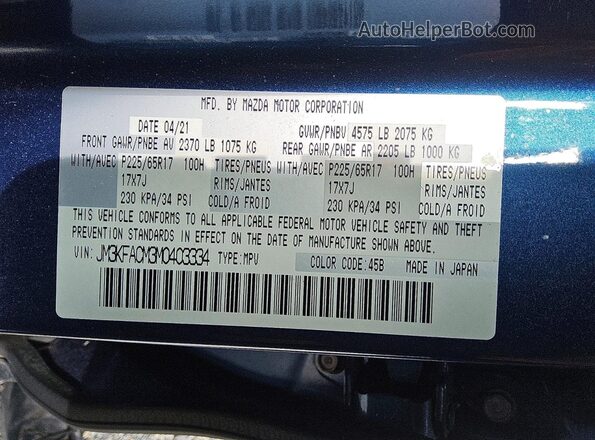 JM3KFACM3M0403334 2021 MAZDA CX-5 Blue Vista del compartimento del motor