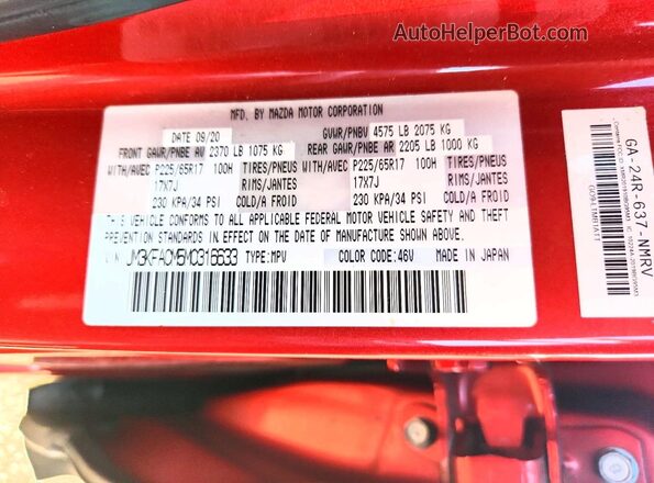JM3KFACM5M0316633 2021 MAZDA CX-5 Red Vista de la etiqueta del VIN