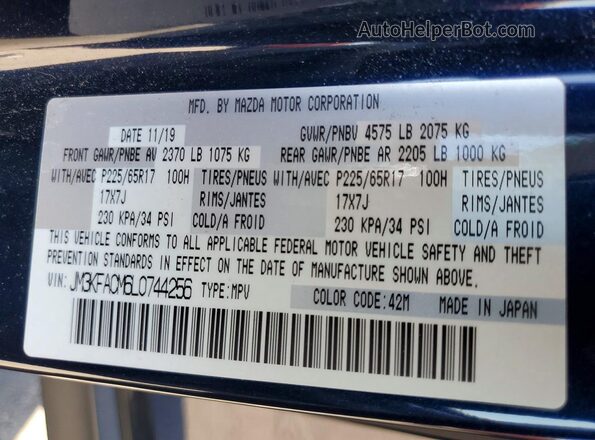 JM3KFACM6L0744256 2020 MAZDA CX-5 Blue VIN კოდის სტიკერის ხედი