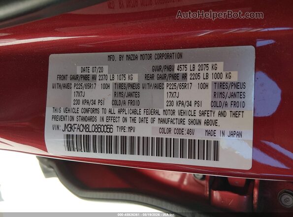 JM3KFACM8L0860056 2020 MAZDA CX-5 Red Շարժիչի բաժամունքի տեսք