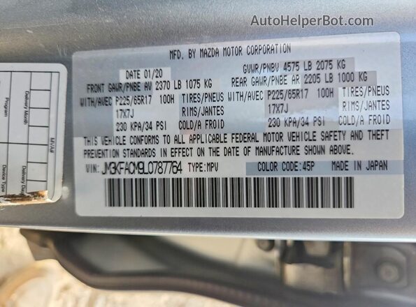 JM3KFACM9L0787764 2020 MAZDA CX-5 Серебряный Вид наклейки с VIN-кодом