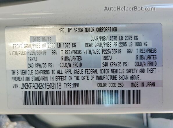 JM3KFADM2K1649118 2019 MAZDA CX-5 White Вид наклейки з VIN-кодом
