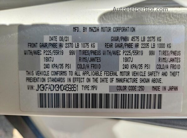 JM3KFADM3M0469851 2021 MAZDA CX-5 White VIN კოდის სტიკერის ხედი