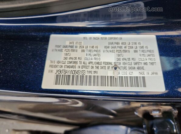 JM3KFBAYXN0645163 2022 MAZDA CX-5 Синий Вид наклейки с VIN-кодом