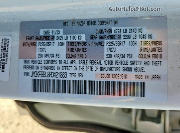 JM3KFBBL8R0421883 2024 MAZDA CX-5 White Widok naklejki z numerem VIN