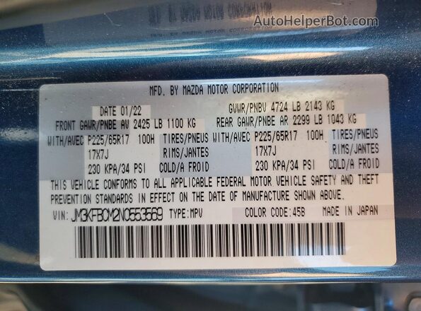 JM3KFBCM2N0553569 2022 MAZDA CX-5 Blue VIN sticker view