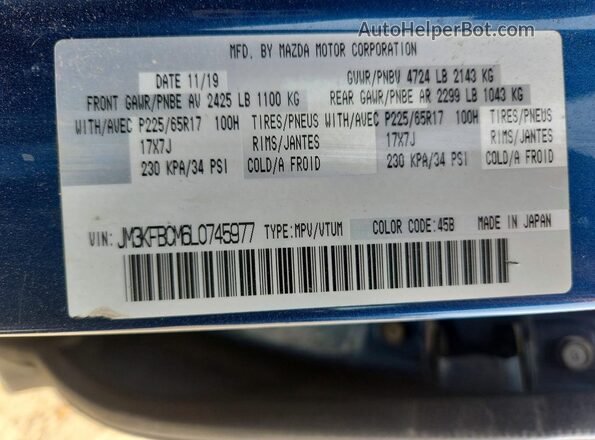 JM3KFBCM6L0745977 2020 MAZDA CX-5 Blue Vista de la etiqueta del VIN