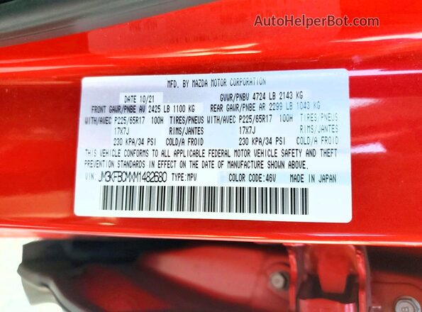 JM3KFBCMXM1482680 2021 MAZDA CX-5 Red Vista de la etiqueta del VIN