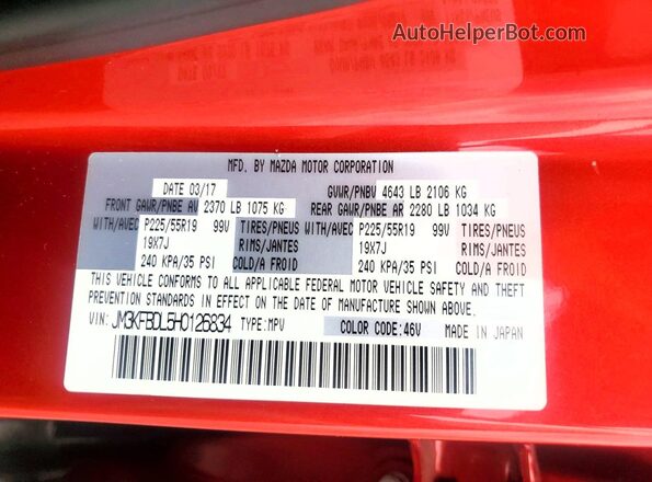 JM3KFBDL5H0126834 2017 MAZDA CX-5 Red Widok naklejki z numerem VIN