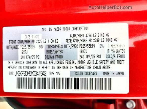 JM3KFBDM5M0341942 2021 MAZDA CX-5 Красный Вид наклейки с VIN-кодом