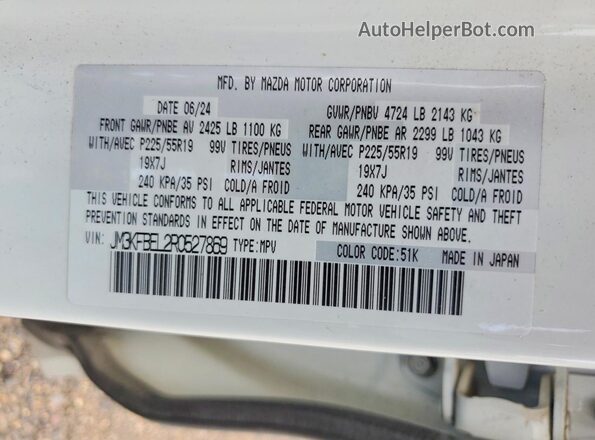 JM3KFBEL2R0527869 2024 MAZDA CX-5 White VIN կոդի պիտակի տեսք