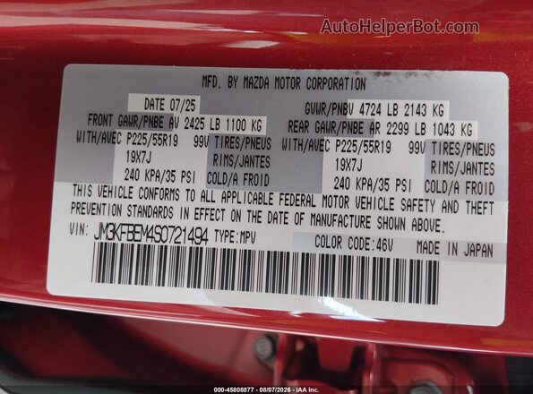 JM3KFBEM4S0721494 2025 MAZDA CX-5 Red Շարժիչի բաժամունքի տեսք