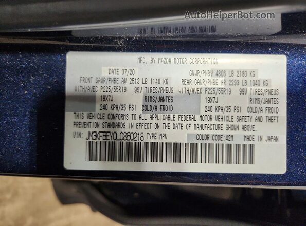 JM3KFBEY0L0860218 2020 MAZDA CX-5 Синий Вид наклейки с VIN-кодом