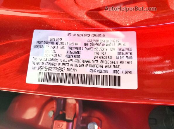 JM3KKBHA2S1248847 2025 MAZDA CX-90 Red Панорамний вид салону 360°