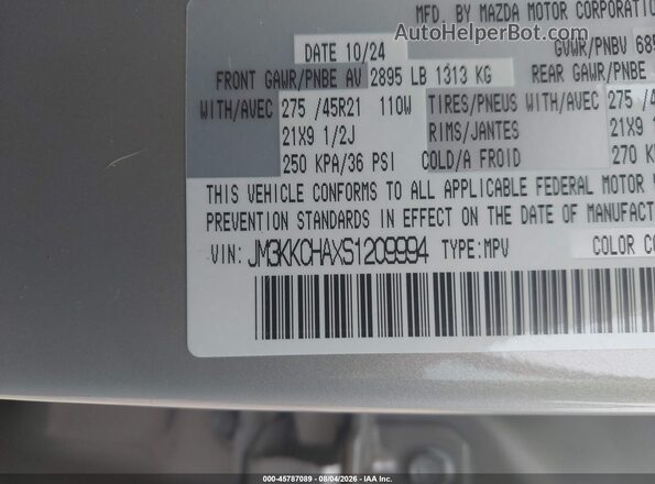 JM3KKCHAXS1209994 2025 MAZDA CX-90 Silver Widok komory silnika