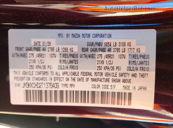JM3KKCHD2T1376409 2026 MAZDA CX-90 Burgundy Widok naklejki z numerem VIN