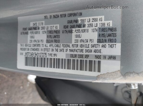 JM3TCABY3H0127275 2017 MAZDA CX-9 Silver ძრავის განყოფილების ხედი