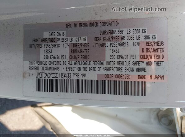 JM3TCACY0G0119499 2016 MAZDA CX-9 White Շարժիչի բաժամունքի տեսք